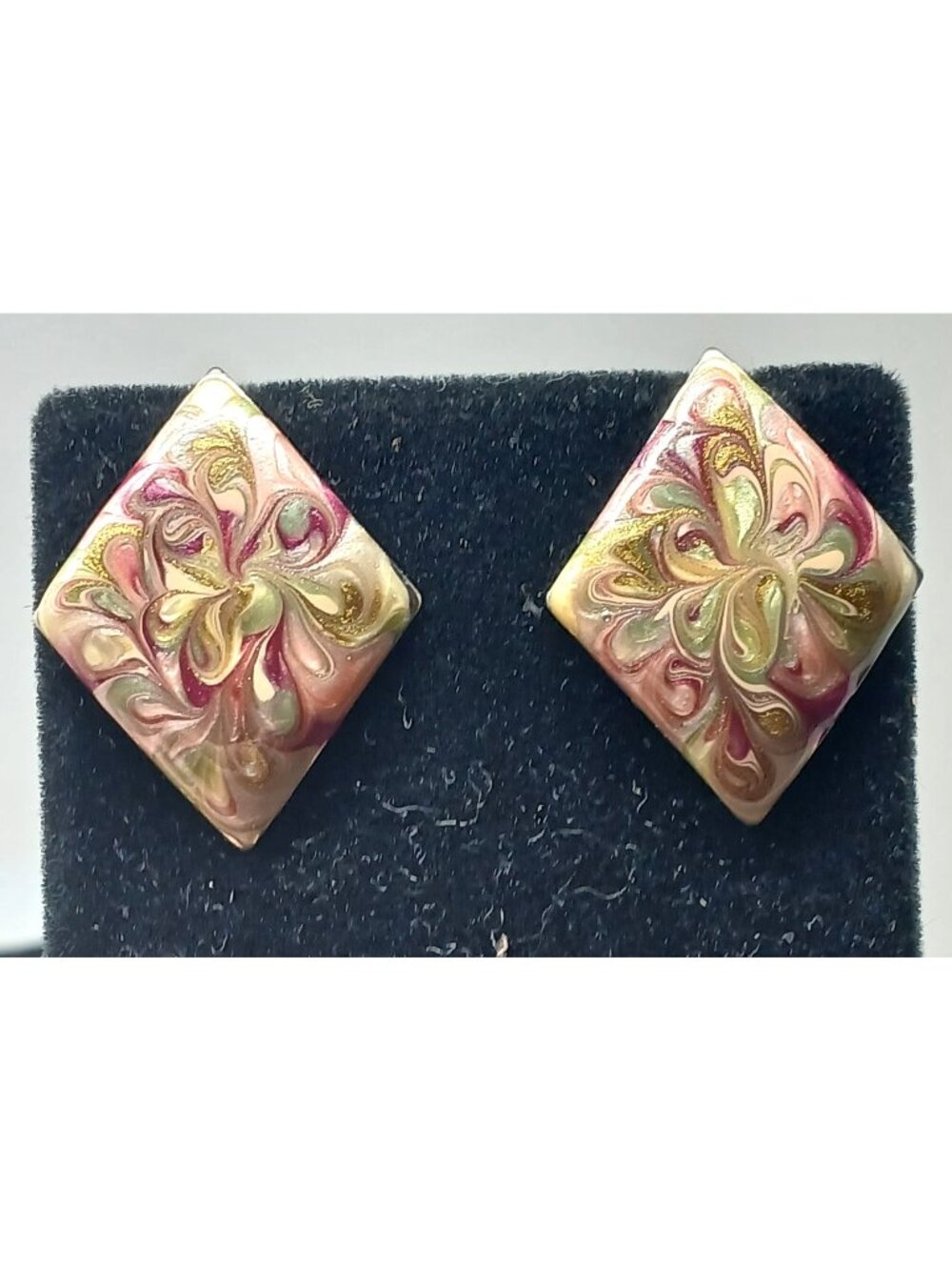 VTG Enamel Swirl Diamond-Shaped Pierced Earrings Multicolor 1.5" Light Wt #J1-Pi
